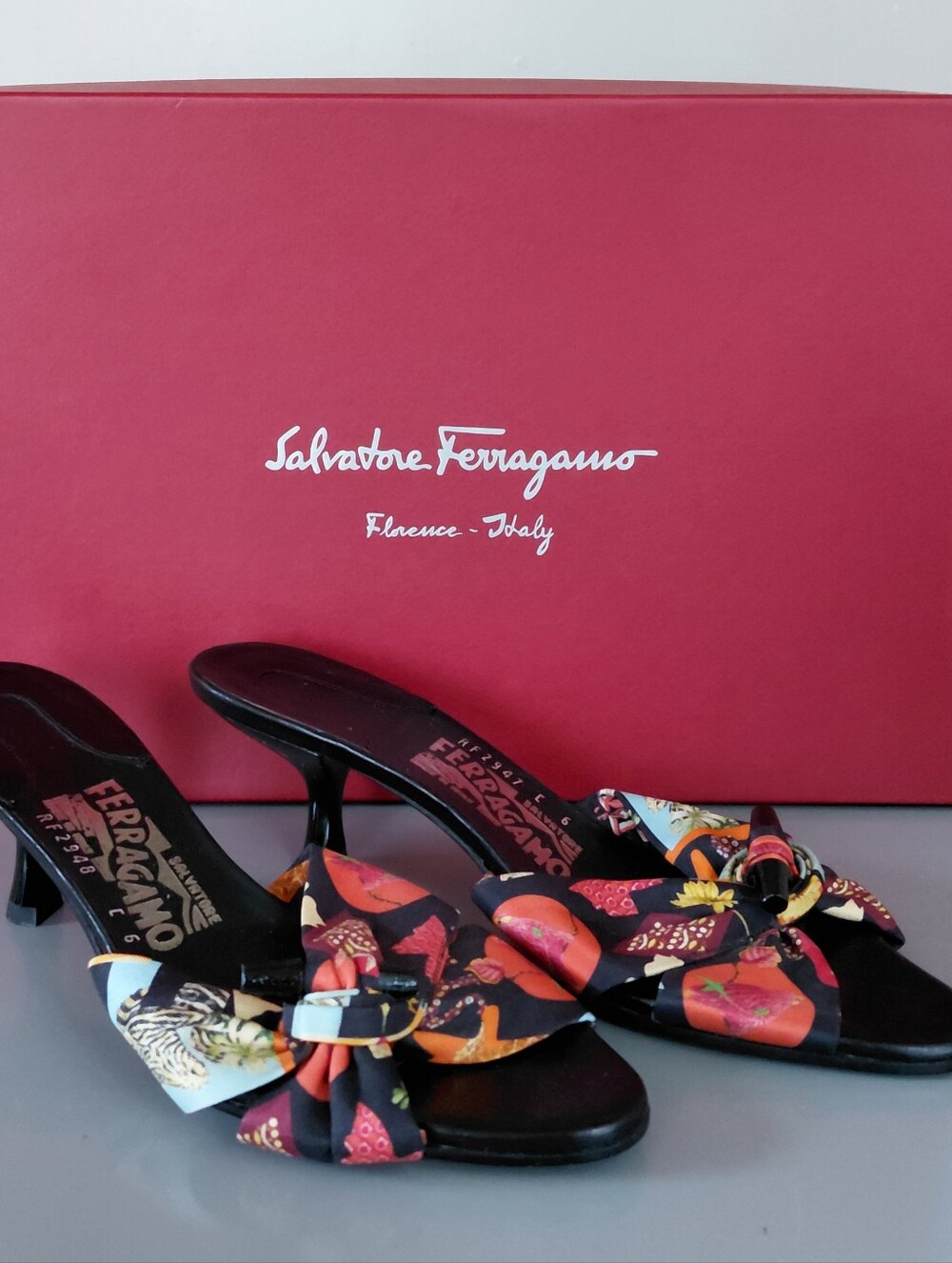 Salvatore Ferragamo Black Multi-Color Satin Knot Mules
